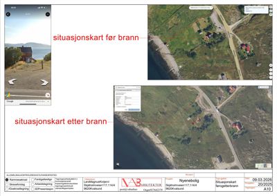 Situasjonskart som viser tosatte bilder (før og etter brann) av eiendom med adresse Skjølheimveien 117, 114/4, 9620 Kvælsund.