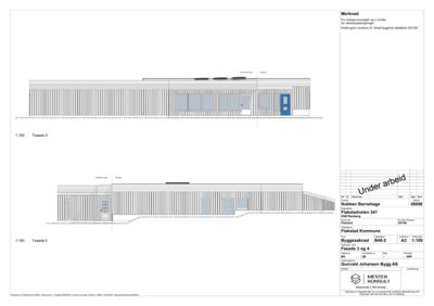 Fasadetegning som viser bygningens utseende fra to sider (Fasade 3 og 4) med skala 1:100.
