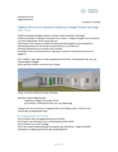 Et dokument fra Flakstad kommune som inneholder en 3D-visualisering (rendering) av et planlagt tilbygg til Nubben Barnehage.