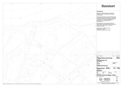 Basiskart som viser tomtens form, grenser og omgivende infrastruktur.