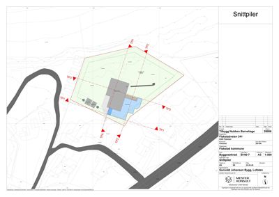 Situasjonsplan med snittpiler (TP1-TP4) som viser bygningens plassering i forhold til nabolaget og veier.