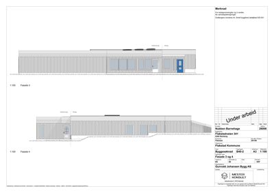 Fasadetegning som viser bygningens utseende fra to sider (Fasade 3 og 4) med skala 1:100.