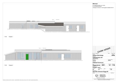 Fasadetegning for Nubben Barnehage som viser fronten på bygningen med vinduer, dører og takform.