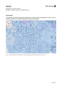 Et kart over et område som viser bygninger, veier og en markert tomte (rødt rektangel).