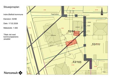 Situasjonsplan som viser eiendom 53/98 med tilhørende garasje og basseng, plassert i forhold til nabolag og vei (Vannveien).