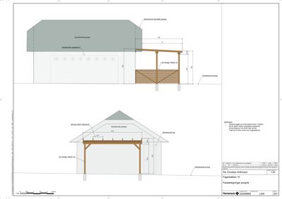 Fasadetegning som viser oppriss av en garasje og en tilhørende pergola sett fra fronten.