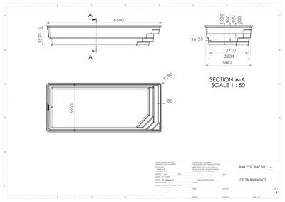 Tegning som viser detaljerte mål og dimensjoner for en badekar-konstruksjon (DELTA 8500X3600).