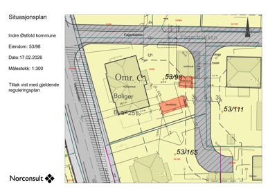 Situasjonsplan som viser eiendomsnummer, bygninger, veier og grenser for eiendom 53/98 i Indre Østfold kommune.