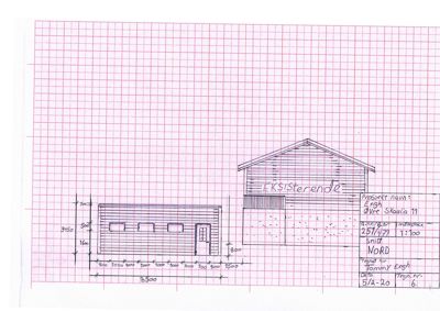 Fasadetegning (opprikk) av en bygning sett fra nord, med mål og eksisterende fasade markert.
