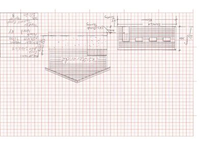 Fasadetegning som viser bygningens utseende fra en side, med oppgitt mål og materialer.
