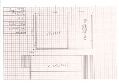 En håndskrevet etasjeplan (biloppstillingsplan) som viser en garasje og eksisterende bygning med mål.