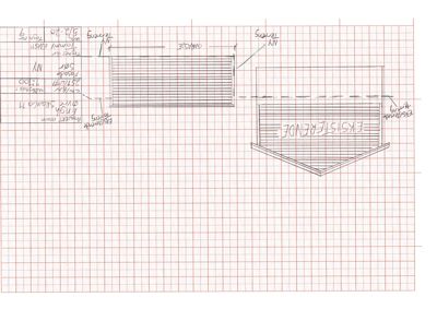 Snittegning som viser tverrsnitt gjennom en bygning med eksisterende og nye deler, inkludert mål og konstruksjonsdetaljer.