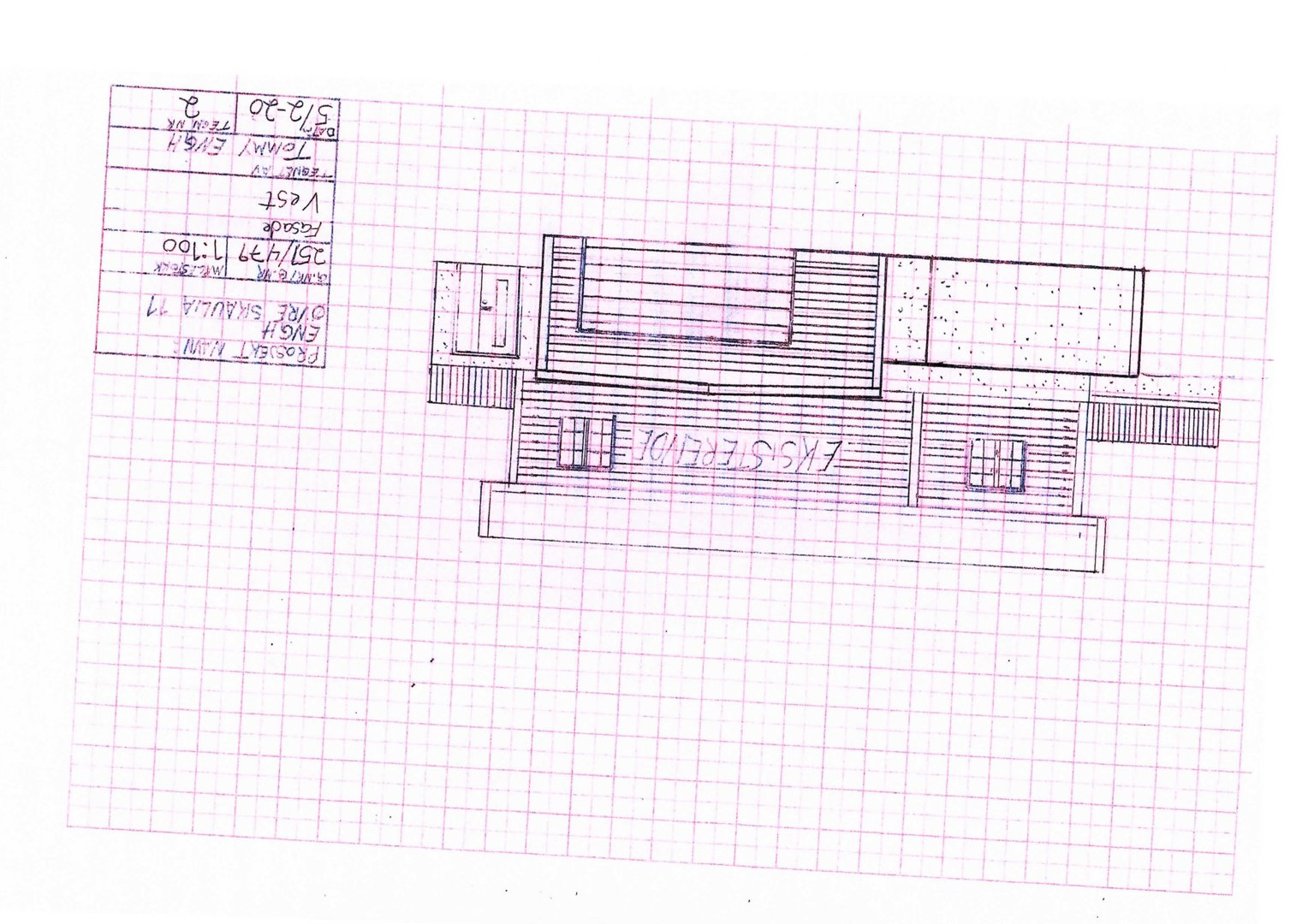 Fasadetegning (opprikk) av en bygning sett fra vest.
