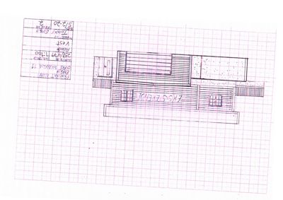 Fasadetegning (opprikk) av en bygning sett fra vest.