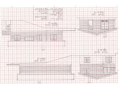 Fasadetegning som viser bygningens utsyn fra fire sider (Nord, Sør, Øst, Vest) med detaljer om vinduer, tak og trapper.