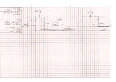Snittegning som viser tverrsnitt gjennom en terrasse eller en bygning med angitte høyder og nivåer.