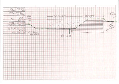 Snittegning som viser tverrsnitt gjennom en garasje og en skiltmur, med angitte høyder og nivåer.
