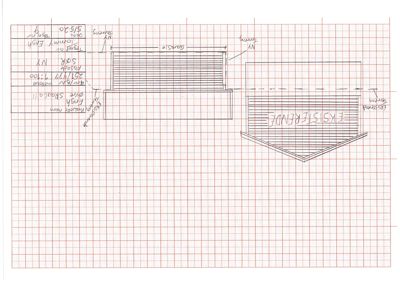 Fasadetegning som viser eksisterende og ny fasade med mål og detaljer.