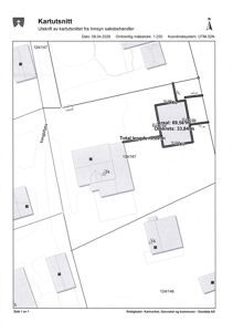 Kartutsnitt som viser eiendomsgrenser, areal, omkrets og nabolag.