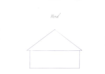 En håndtegnet oppriss (fasadetegning) av en bygning sett fra nord.