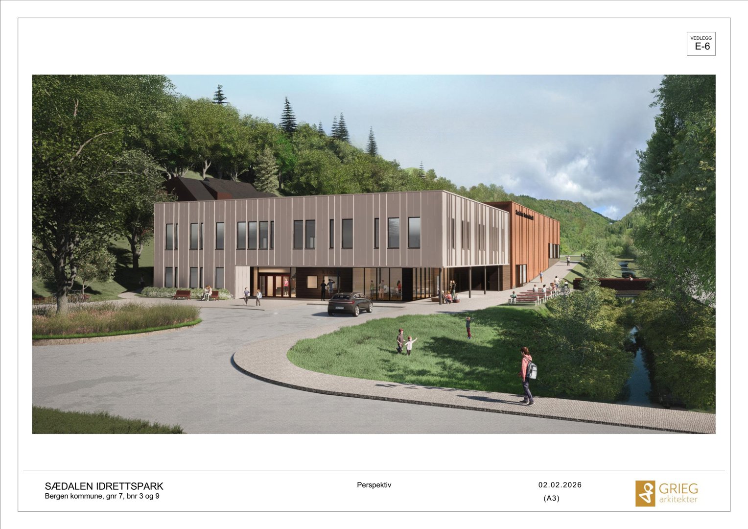 3D-visualisering (rendering) av et planlagt bygg, Sædalen Idrettspark, sett fra en vinkel som viser fasade og omgivelser.