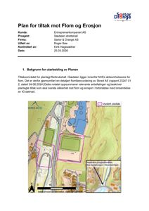 Situasjonsplan som viser tomtens beliggenhet i forhold til omgivelsene, inkludert vurderte områder for flom og erosjon, samt nabolag.