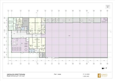 Etasjeplan (Plan 1. etasje) for Sædalen Idrettspark som viser romfordeling, vegger og dimensjoner.