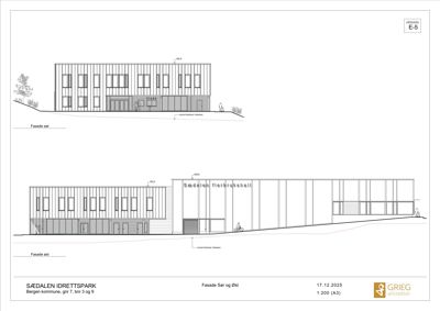 Fasadetegning som viser bygningens utseende sett fra sør og øst, inkludert vinduer, inngang og terrengforhold.