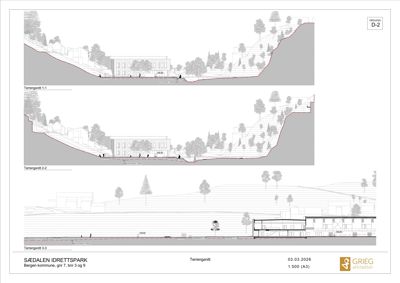Tegning som viser tverrsnitt gjennom bygningen og terrenget (terrengsnitt).