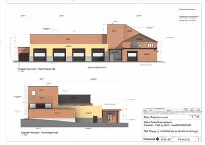 Rammesøknad som viser fasadetegninger (mot vest og mot nord) for en nybygging og rehabilitering av en brannstasjon.