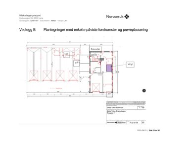 En plantegning (etasjeplan) som viser romfordeling, dimensjoner og plassering av brannutstyr (brannslanger, brannslukningsutstyr).