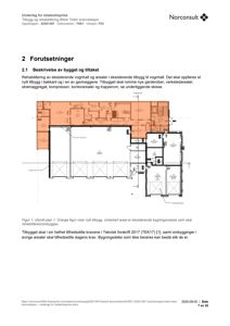 Etasjeplan (utsnitt plan 1) som viser romfordeling, dimensjoner og plassering av nye og eksisterende arealer i en bygning.