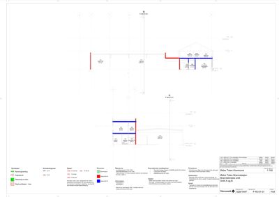 Tegning som viser et tverrsnitt gjennom en bygning, med oppgitt snittlinjer (A-A og B-B) og detaljer om konstruksjon og materialer.