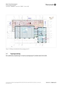Etasjeplan (plan 01) som viser romfordeling, eksisterende og nybygd deler, samt arealoppdelinger for Østre Toten Brannstasjon.