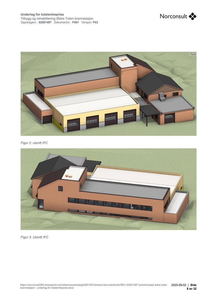 3D-visualisering (rendering) av et byggeprosjekt (brannstasjon) sett fra ulike vinkler (utsnitt).