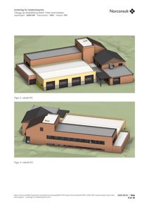 3D-visualisering (rendering) av et byggeprosjekt (brannstasjon) sett fra ulike vinkler (utsnitt).