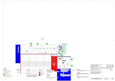Etasjeplan (brannetegning) som viser romfordeling, vegger, dører og tekniske installasjoner for Østre Tolen Brannstasjon.
