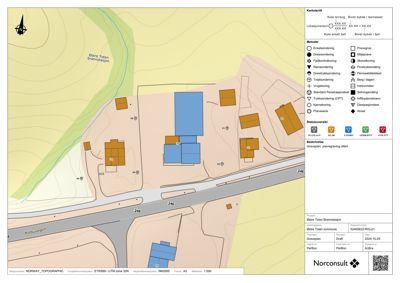 Situasjonsplan som viser tomtens beliggenhet, terrengforhold, eksisterende bygninger og planlagte inngrep (graving og prøvetaking).