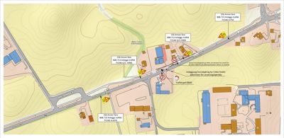 Situasjonsplan som viser tomtens beliggenhet i forhold til veier, naboeiendommer og topografi.