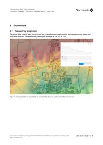 Kart med topografisk modell (fargekart over høyde) og en markert profil (snitt) fra nord mot sør.