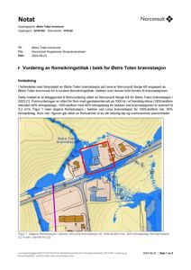 Kart som viser flomutsatt område (blått) i bekken ved Østre Toten brannstasjon, med overlappet tomt (rødt) og topografi.