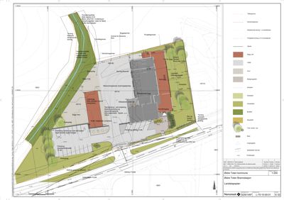 Landskapsplan som viser tomtens oppdeling, beplantning, vegsystem og byggefelt.