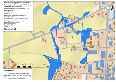 Kart over flomsonekartlegging for Lena brannstasjon, som viser kotehøyder, flomområder og infrastruktur.