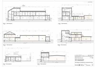 Bildet viser en samling av seks snittegninger (Snitt 1-4 og L1-L2) for en eksisterende bygning. Tegningene illustrerer tverrsnittet gjennom bygningen, inkludert romfordeling, takhøyder, vindusposisjon og konstruksjonsdetaljer.