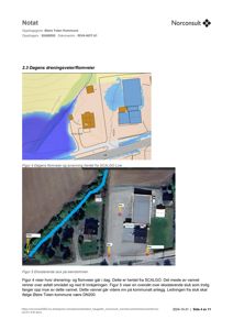 Bildet viser en notat-side fra en byggesak som inneholder to kart. Det øverste kartet er en situasjonsplan (site_plan) som viser dagens vannveier og avrenning. Det nedre kartet er et flyfoto (map) som viser eksisterende sluk på eiendommen.