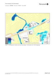 Kart som viser et oversvømmelseskart (flomvurdering) for bekken ved Lena brannstasjon, med konturlinjer og vannstandsdybde.
