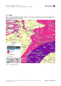 Kart som viser aktsomhetskart for radon i Østre Toten kommune med fargekodet risikobedømmelse.