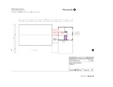 Etasjeplan (Riveplan) for en bygning, som viser romfordeling, vegger og dimensjoner.