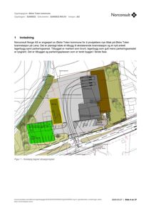 En situasjonsplan som viser tomtens oppdeling, plassering av nye og eksisterende bygninger (brannstasjon, lagerbygg), parkeringsareal og anleggsveier.