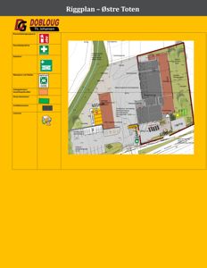 Situasjonsplan (riggplan) som viser tomtens grenser, bygningers plassering og anlegg for en byggesak i Østre Toten.